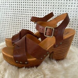 Korkease sandals with brass rivets and wood platform base